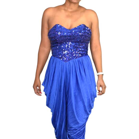 Sequin Draped Jumpsuit Vintage Blue Harem Strapless Sweetheart Pant Size Small - Picture 13 of 16